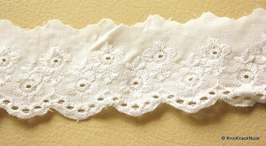 White Cotton Fabric Scallop Trim With Floral Embroidery, 55 mm wide